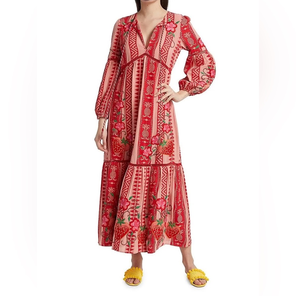 Farm Rio Red And Pink Embroidered Strawberry Pineapple Jacquard Dress